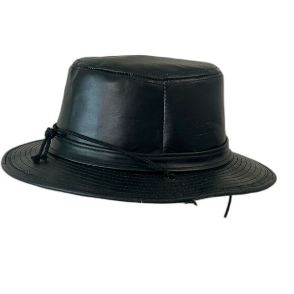 Vintage Fedora Hat Women's Size Med Color Black Leather USA Attached chin strap - Picture 5 of 11
